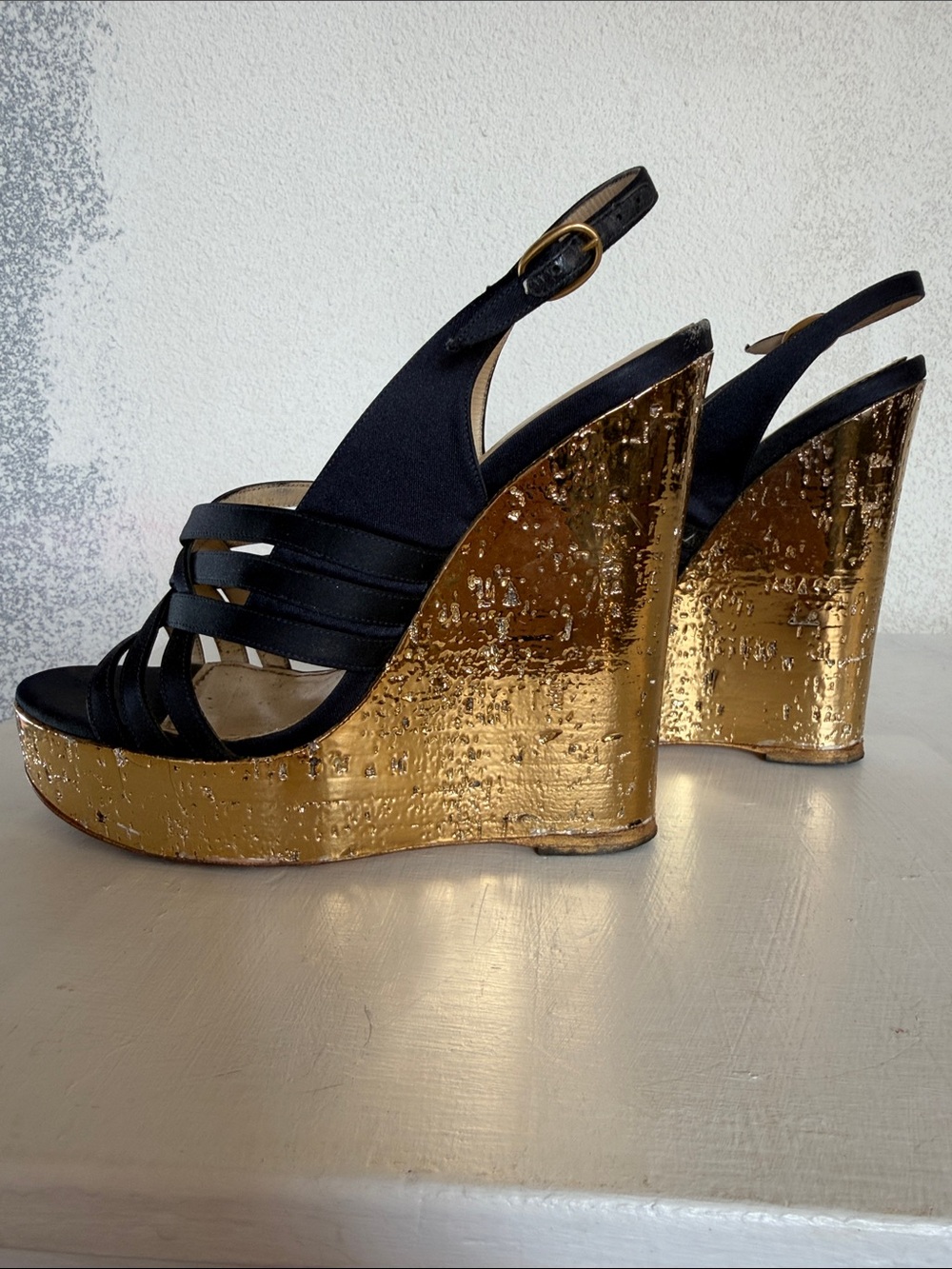 Yves Saint Laurent Black & Gold Textured Wedge Slingbacks - Picture 3 of 5